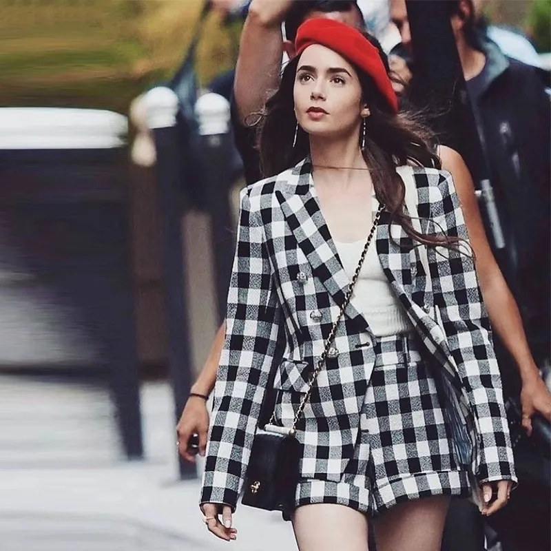 Same style as celebrities Black White Plaid 2 Piece Suits Coat + High Waist Shorts Elegant Tweed Blazers Fashion 2024 Autumn New