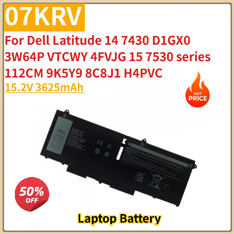 بطارية كمبيوتر محمول عالية الجودة 07KRV 15.2V 3625mAh لأجهزة Dell Latitude 14 3W64P VTCWY 7430 D1GX0 4FVJG 15 7530 series 9K5Y9 8C8J1 #1