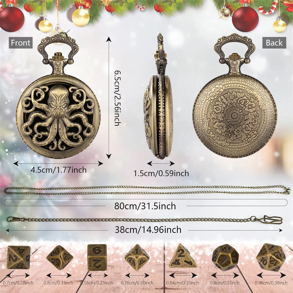 Hollow Octopus Decor Alloy Metal Pocket Watch Case Fob Chain with Mini Polygon Dices Set Novel Christmas Gift Men Women