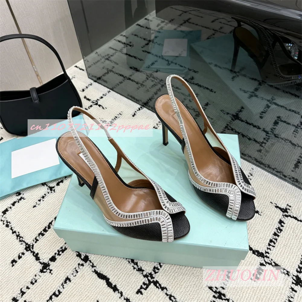 Luxury Genuine Leather High Heel Sandals Women Woven Rhinestone Trim Open Toe Thin Stiletto Elegant Wedding Summer Dress Shoes view 6