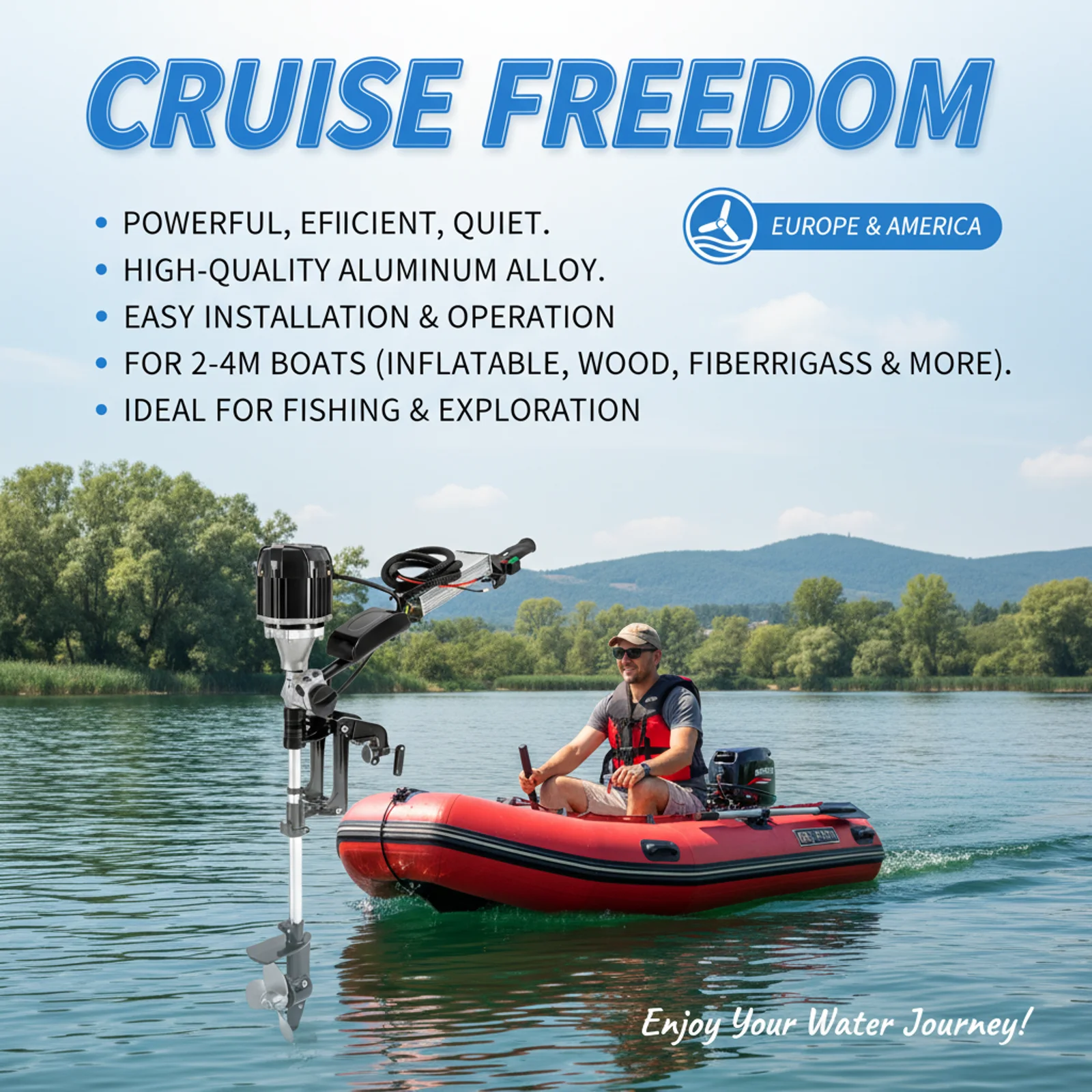 

5HP Aluminum Alloy Transom Mounted Trolling Motor Electric Outboard Engine for Within 13.12ft Boats 7.5mi/H, 1000W, 360° Rotable