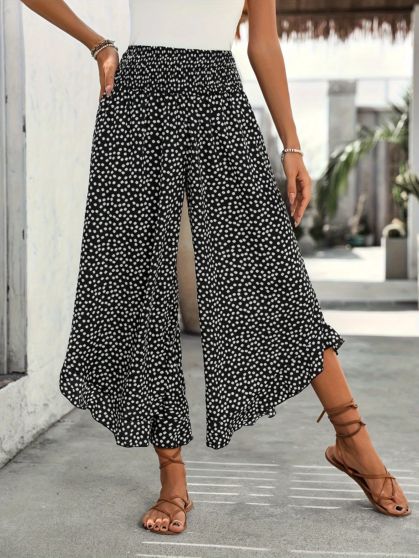 Women'S Summer Black Floral Wide-Leg Pants with Ruffle Hem - Loose Fit, Polyester, Casual & Elegant, Adult Casual Wear