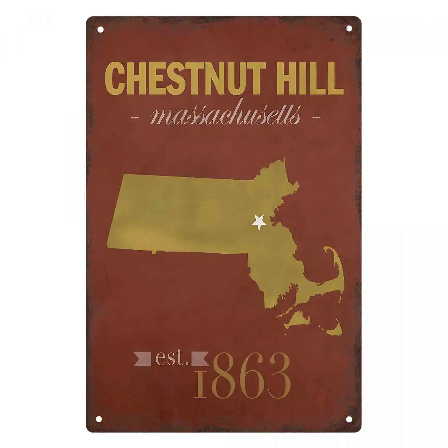 2D FLAT 1pc Chestnut Hill Massachusetts Gold Map Metal Wall Sign Decoration for Home Cafe Garage Bedroom Porch And Garden