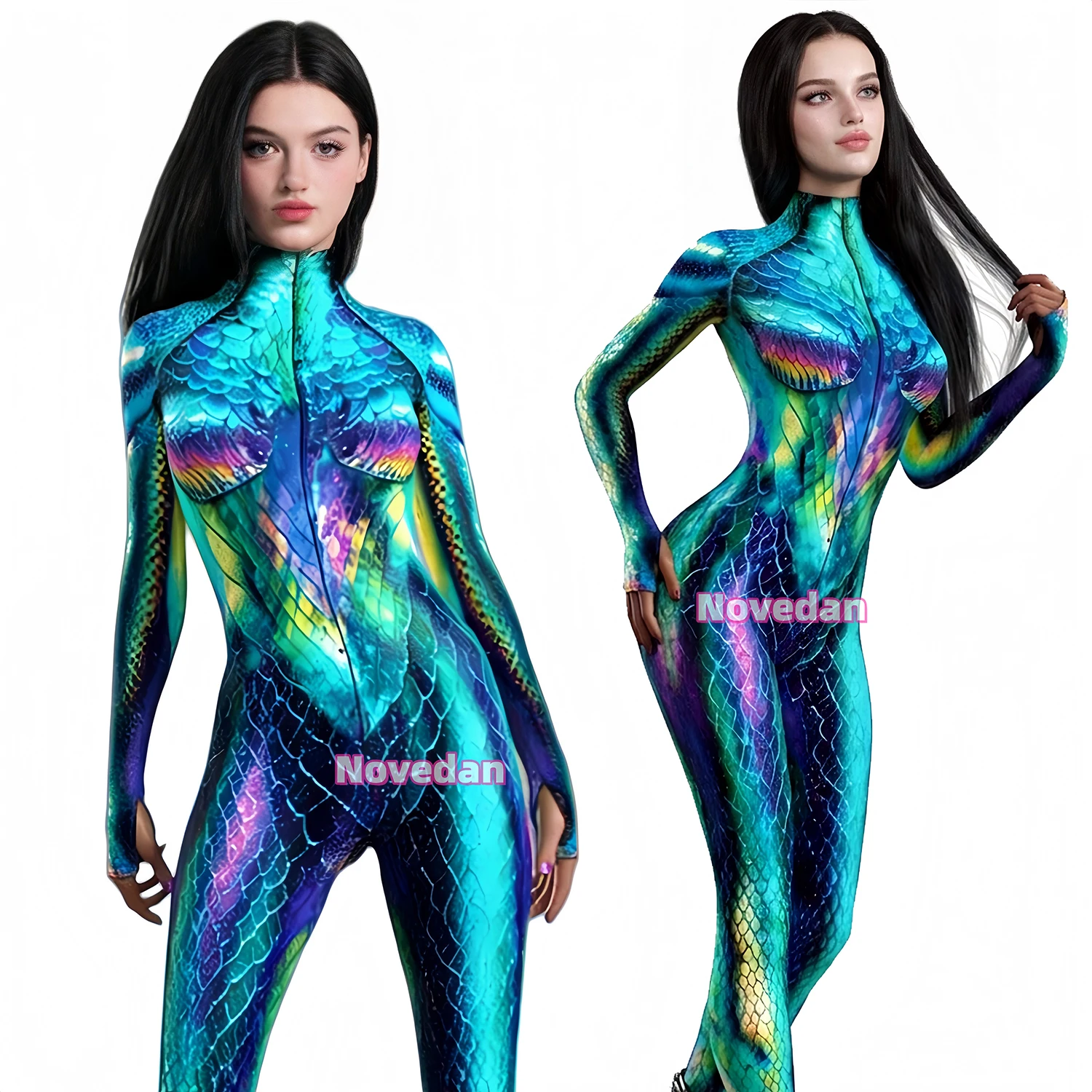 Damen Meerjungfrauen-Kostüm Fischschuppen-Jumpsuit Badeanzug Glänzender Rüstungs-Print Unitard Bodysuit Arielle Prinzessin Halloween-Party-Kostüm