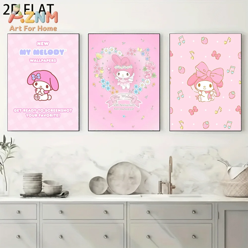AZNM My Melody Canvas Wall Art Unframed Cute Cartoon Print Poster Flower Strawberry Music Note Bow Kawaii Pink Pastel Design for