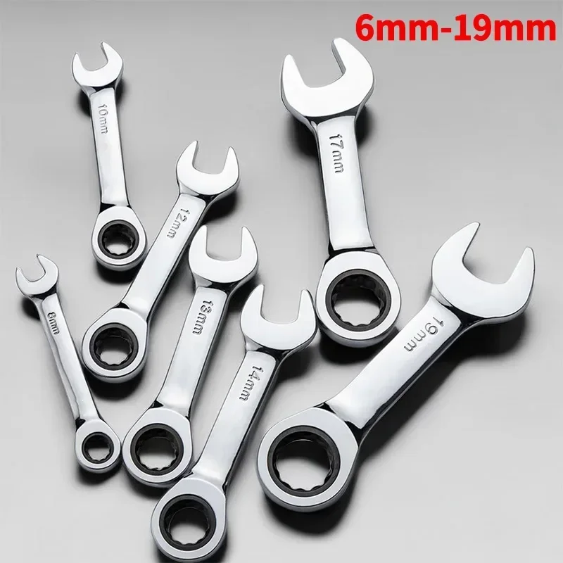 1PCS Stubby Ratchet Spanner - 6-19mm Range, 72 Tooth Short Handle Ratchet Socket Wrenches for Auto Repair and Nut Repair