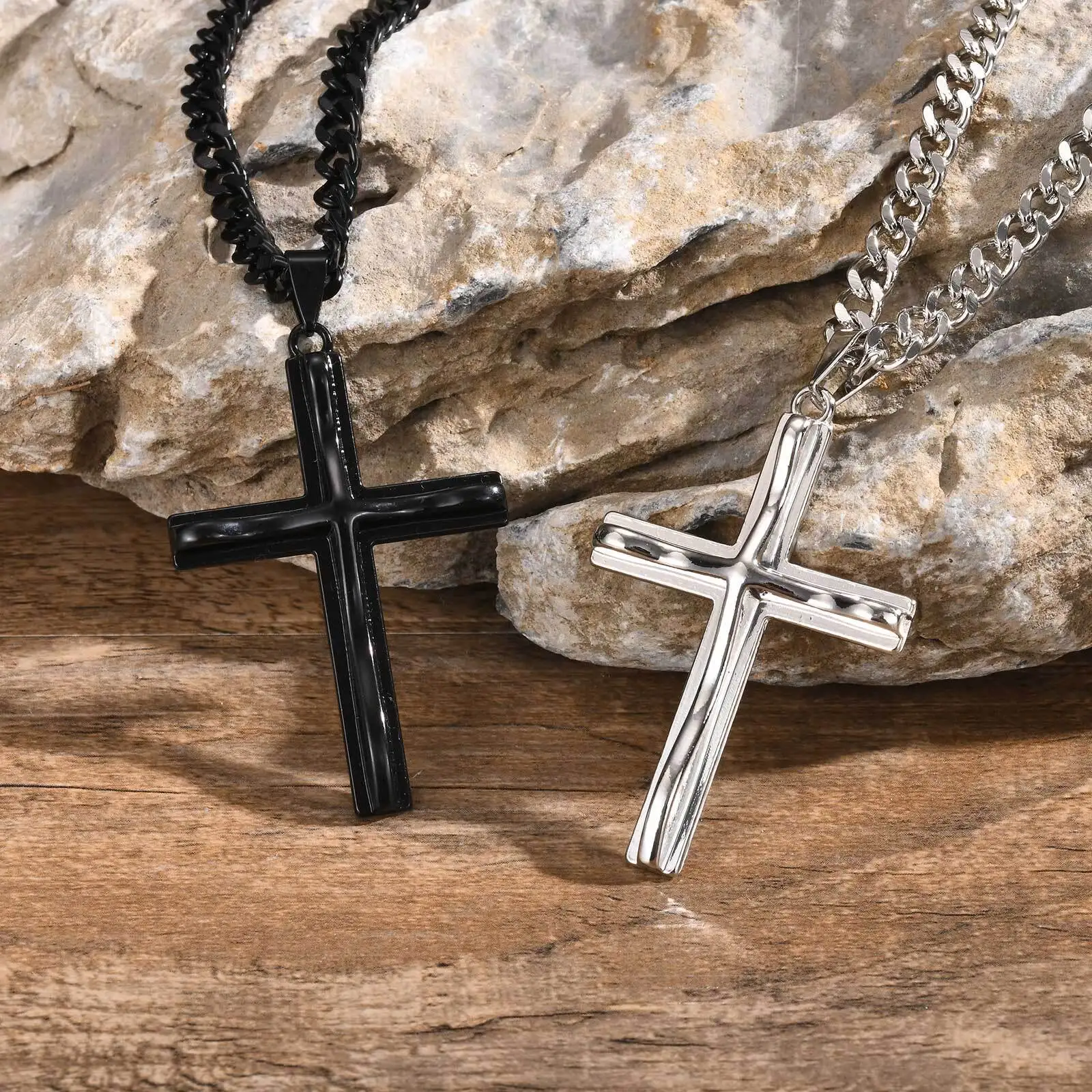 Vnox Mens Big Cross Pendant Necklaces, Religous Faith Jewelry, Two Layers Cross Pendant with Cuban Chain, Punk Hiphop Collar