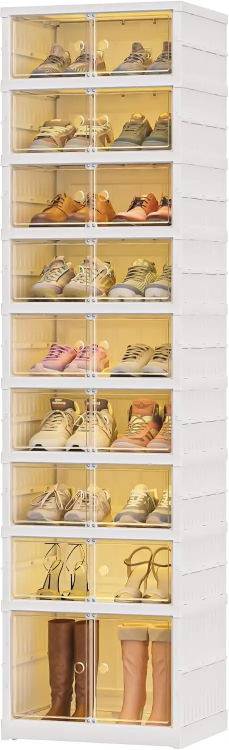 

18 Pairs Portable Foldable Shoe Ra For Closet, Easily Assembled Clear Shoe Sneaker Storage Organizer Cabinet With Magnetic