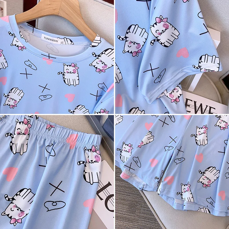 New 2023 Summer Plus Size Women Pajamas Sets Large Size Blue Print T-shirt And Shorts Home Wear Suit 4XL 5XL 6XL 7XL 8XL 9XL