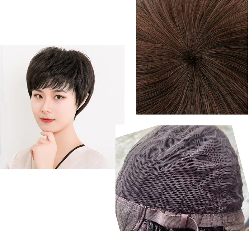 آلية قصيرة شعر مستعار شعر الإنسان طبيعي أسود/بني داكن 2 ألوان بني في منتصف العمر وكبار السن النساء الباروكات مع الانفجارات الاستخدام اليومي