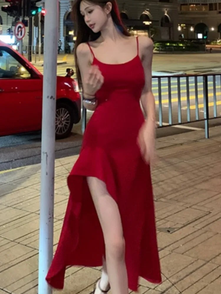 Sexy Red Dress Women Korean Style Casual Sleeveless Vestidos Female Evening Party Prom Robe Elegant Split Irregular Clothes New