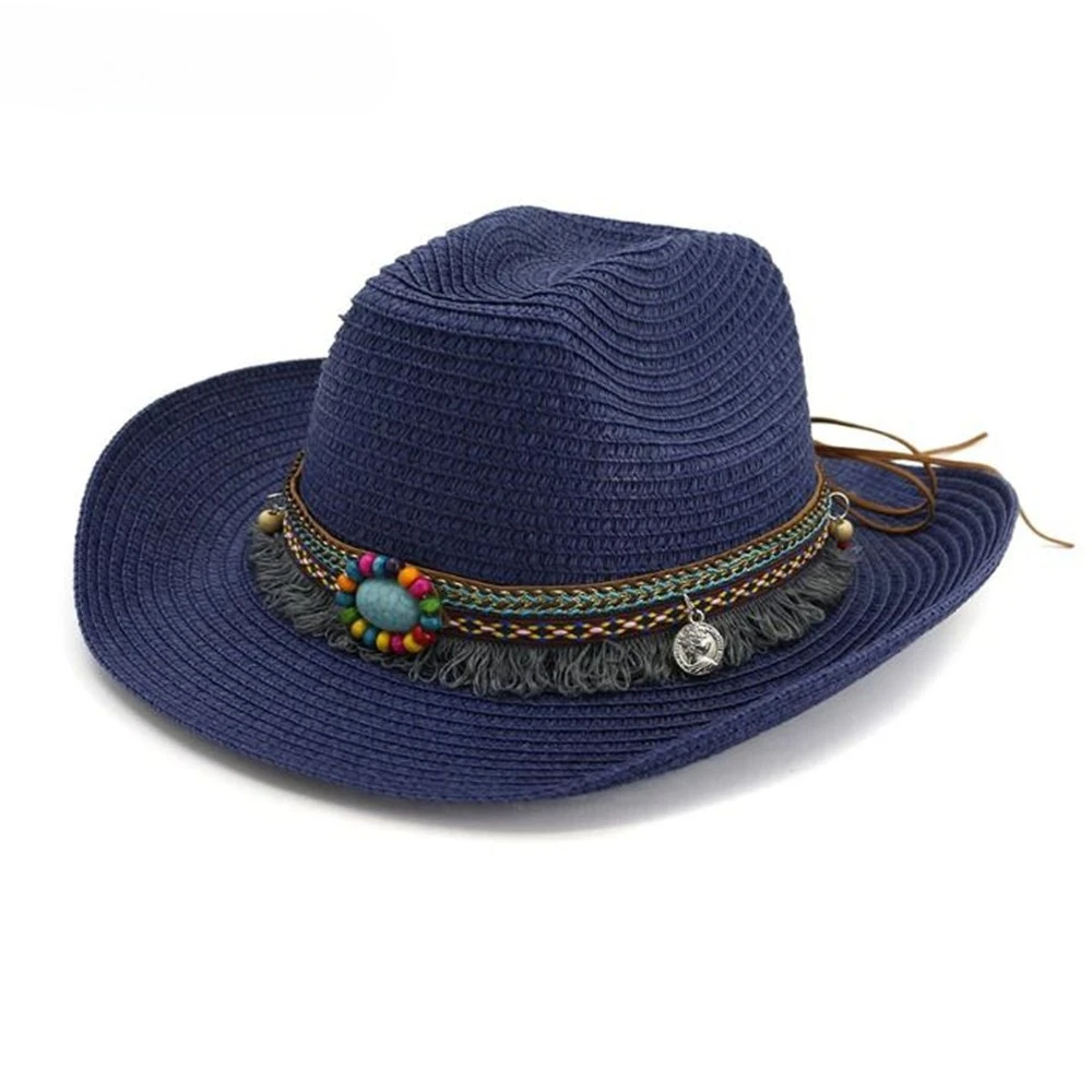 

Navy Cowgirl Cowboy-Hat Sombreros Western Cap Wome New-Straw Jazz Ethnic Style Beige Summer Beach Straw Sun Hats Black Fashion