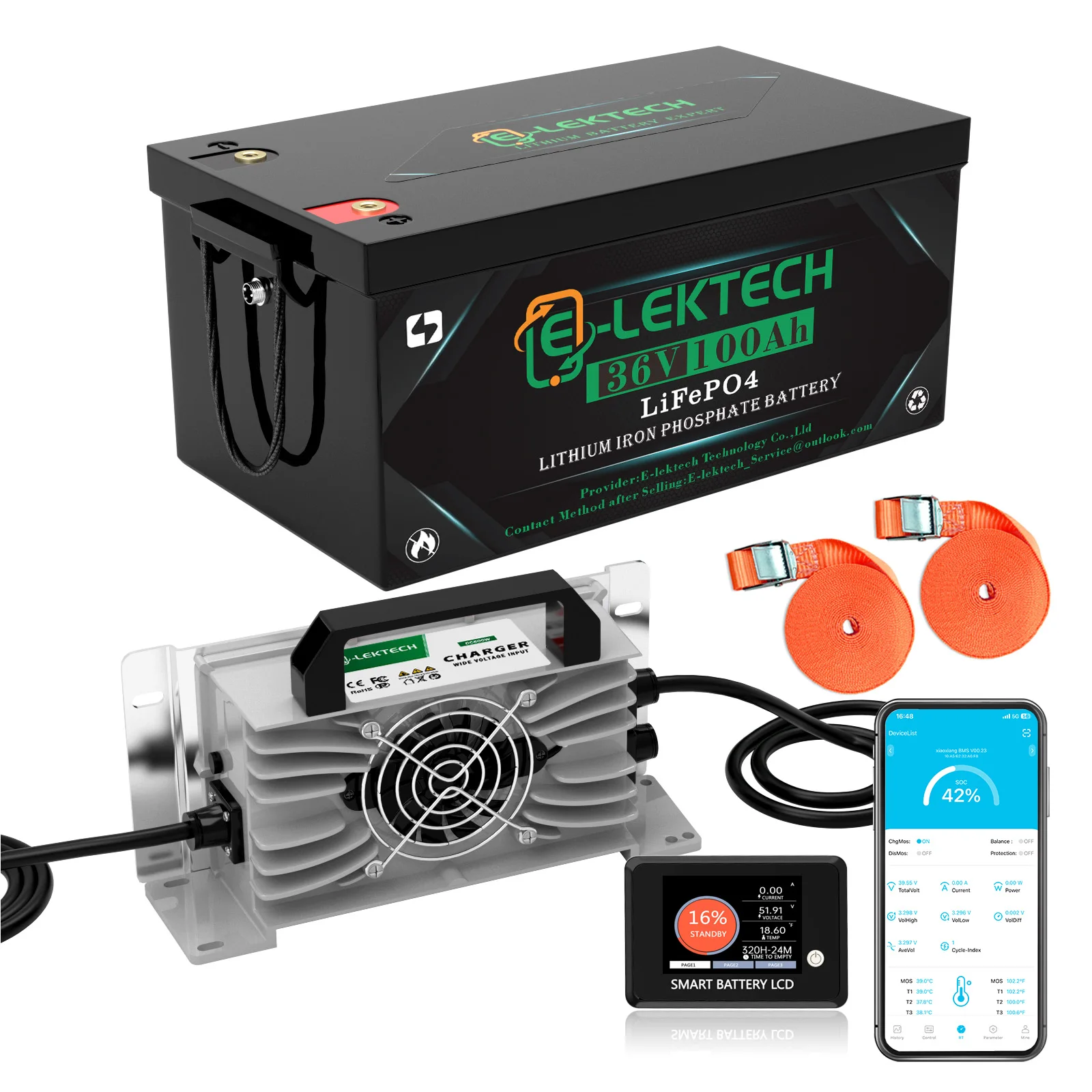 E-LEKTECH 36V 100Ah LiFePO4 Lithium Battery Built-in Full Protection BMS Deep Cycle Storage Battery For Golf Cart RV Yacht Off-Grid Solar Power