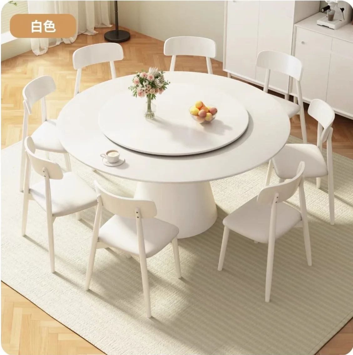 #Deluxe Modern European Round Dining Table Turntable Rock Slab Top Solid Wood Frame Apartment Hotel Use Multiple Sizes Available