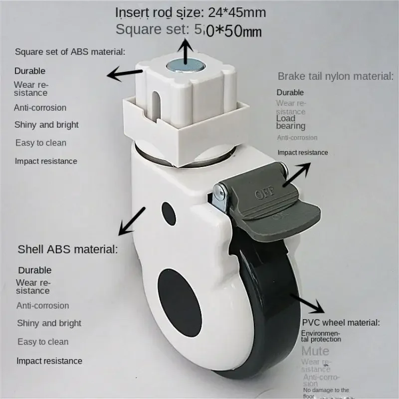 1 Pcs 5 Inch Square Tube Mounting Casters With 50x50mm Square Plate Swivel Wheels With Brake For Hospital Beds And Medical Carts