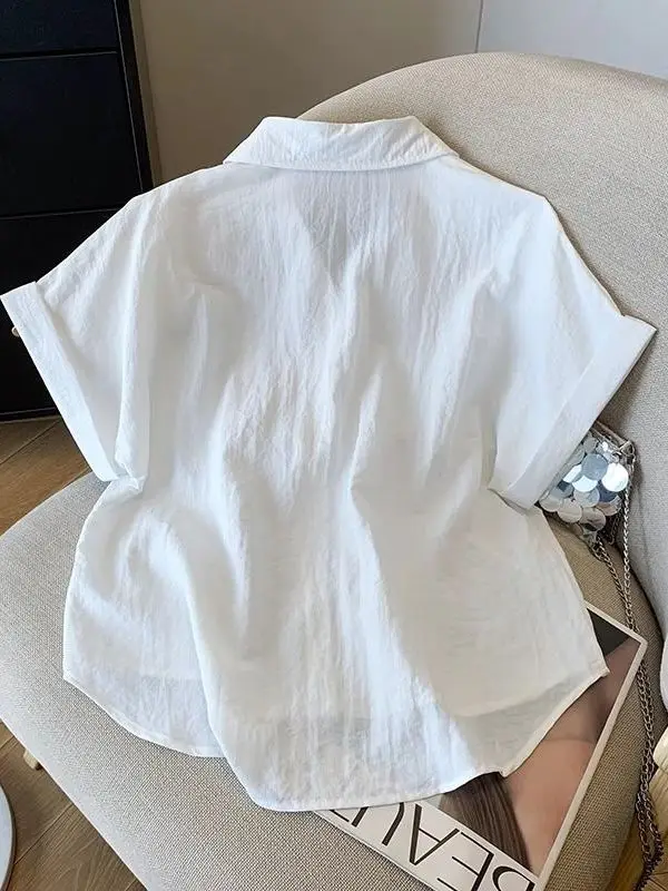 Camisa azul de manga corta con cuello  para mujer, blusa holgada y versátil de verano, blusa súper hermosa para figuras p...