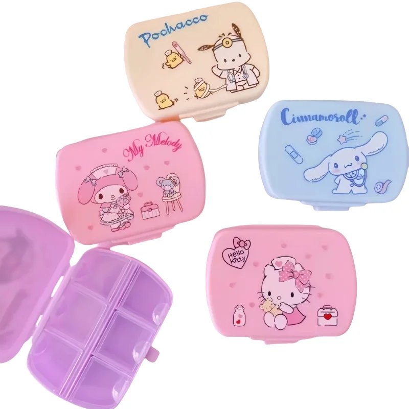 Cartoon Sanrio Mini Portable Pill Box Kuromi Pochacco Hello Kitty Six Compartments Cute My Melody Cinnamoroll Storage Box