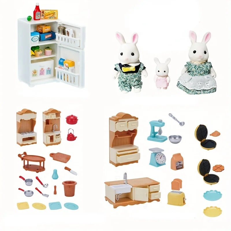Floresta animal família casa de bonecas móveis mini geladeira brinquedos simulação comida brinquedos das crianças casa de bonecas em miniatura cozinha jogar
