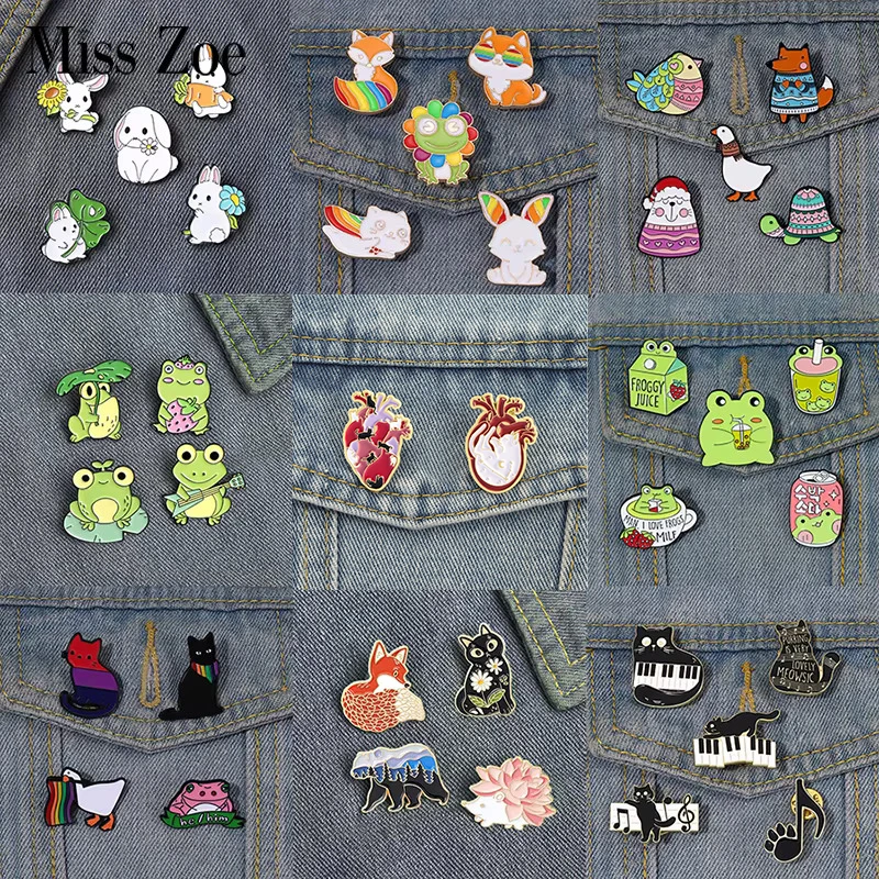4-5pcs/set Animal Enamel Pins Custom Cat Frog Fox Goose Rabbit Brooches Lapel Badges Plant Jewelry Gift for Kids Friends