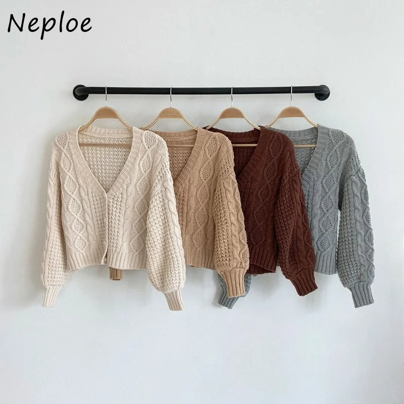 Neploe Loose Lantern Sleeve Twist Sweater Coat Female Autumn 2024 Korean Style Chic Knitted Cardigan Woman V-neck Short Sweater
