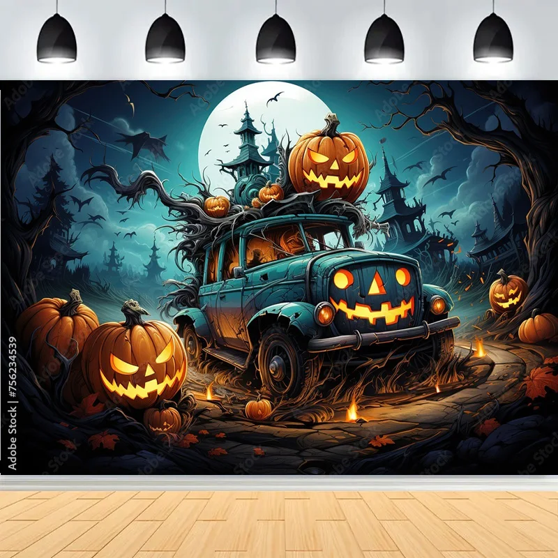 

Halloween Day Castle Graveyard Horror Dark Cemetery Scene Photography Backdrops Pumpkins Moon Photo Studio Background KB-04