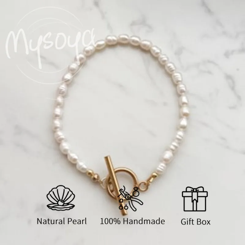 

MYSOYA White Rice-Shaped Freshwater Pearl Bracelet 6-7mm With Gift Box For Her/Him Birthday/Wedding/Christmas/New Year Gifts