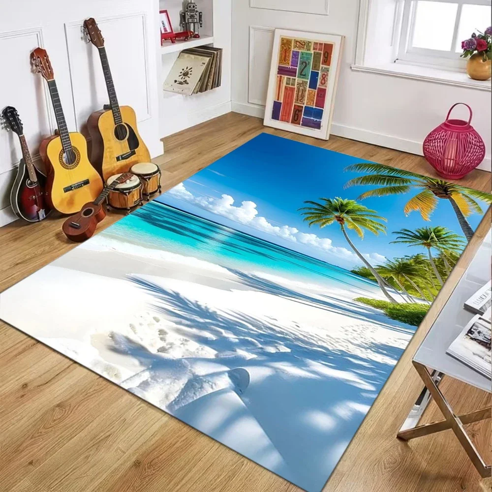 Beach Sand Sea Water with Palm Leaf Shadow Pattern Carpet Fresh Tropical Decor Soft Mat for Living Room Bedroom Home Decor