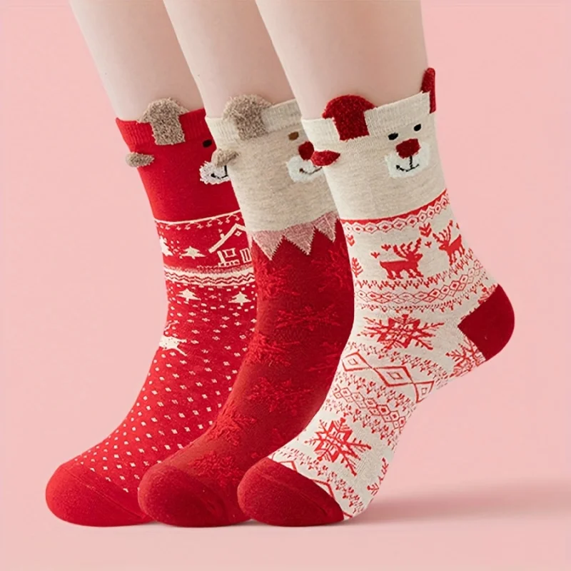 3-Pair Women Christmas Cartoon Small Ear Long Socks Autumn/Winter Warm Stockings Comfortable Fashionable Daily Gift