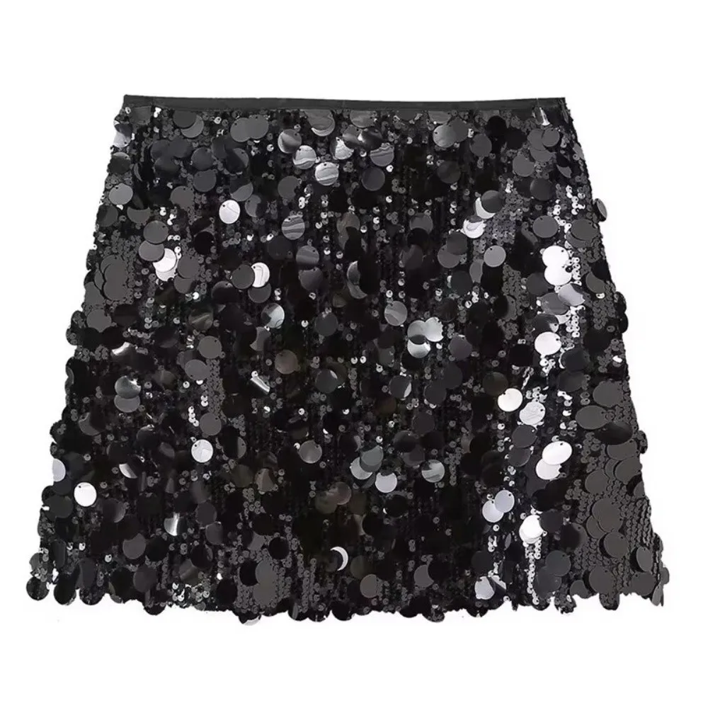 Fashion High Waist Sequin Mini Skirt Solid Color Side Zipper Club Skirt Shining Sequin A-Line Party Skirt Street Fashion