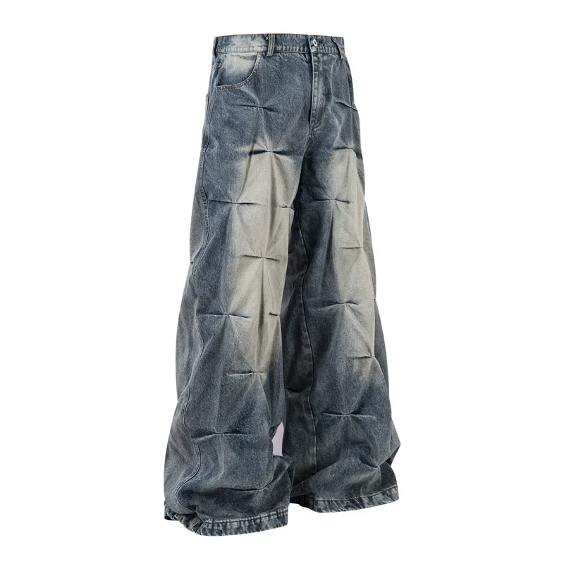 بنطلون جينز فضفاض عتيق للرجال ملابس هيب هوب فضفاض بتصميم مطوي من قماش الدنيم بنطلون جينز فاخر باللون الأزرق