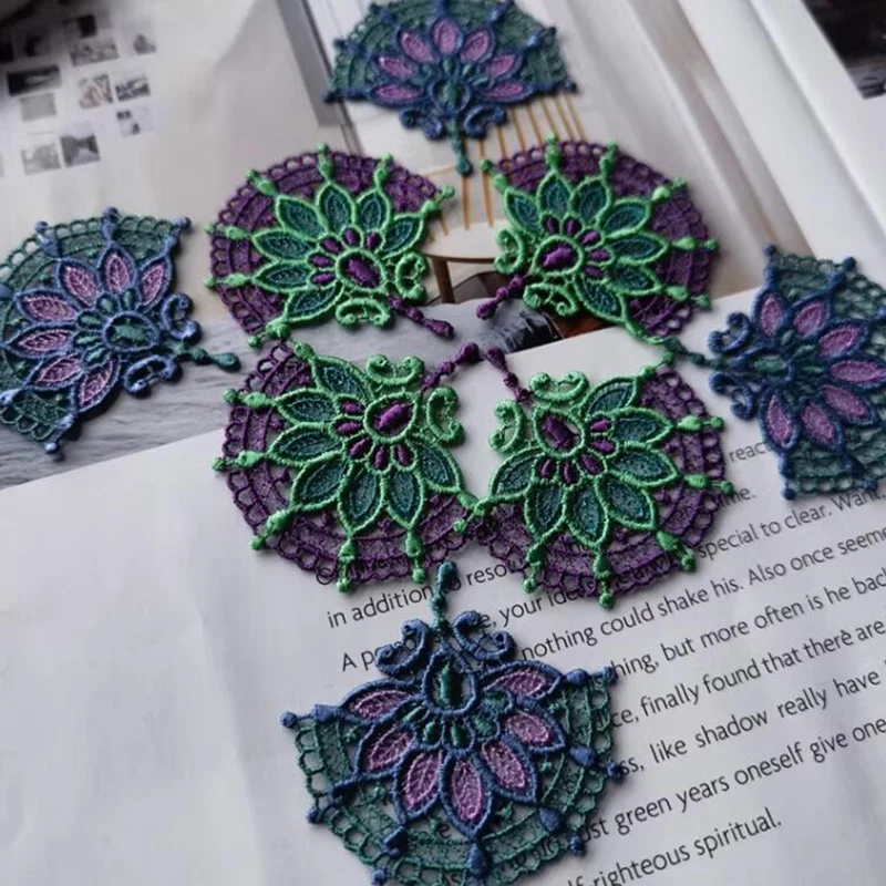 10Pcs Sparkling Green Purple Gradient Embroidered Fan Lace Fabric Patch Used for Decorating Clothing Embroidered Lace Patch