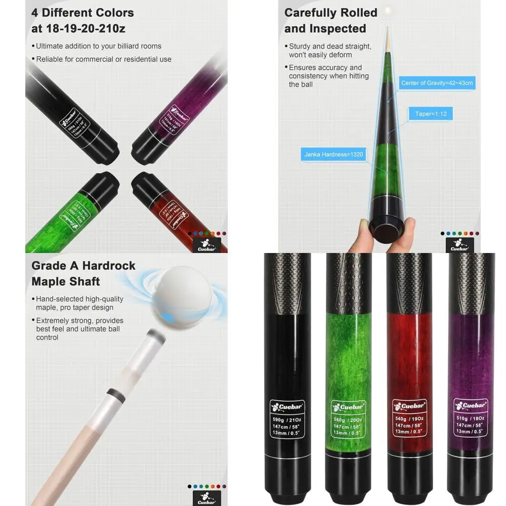 

Set of 4 58 2-Piece Pool Cues with 3D Grip, 4 Weights & Colors for Adults' Billiards