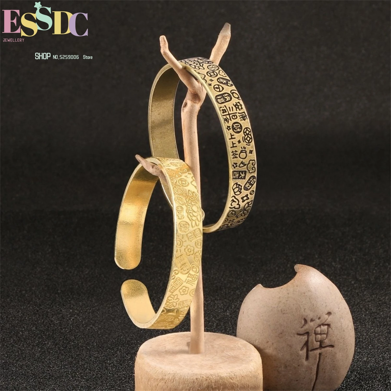 Health Fortune Square Brass Bangle Vintage Antique Chinese Blessing Jewelry Craft Gift For Women Wholesale Boho