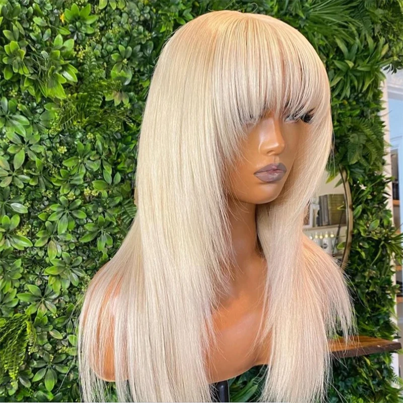 Soft 26Inch Blonde 613 Straight With Bangs 180%Density Preplucked Natural Hairline Glueless Lace Front Wig For Women Babyhair