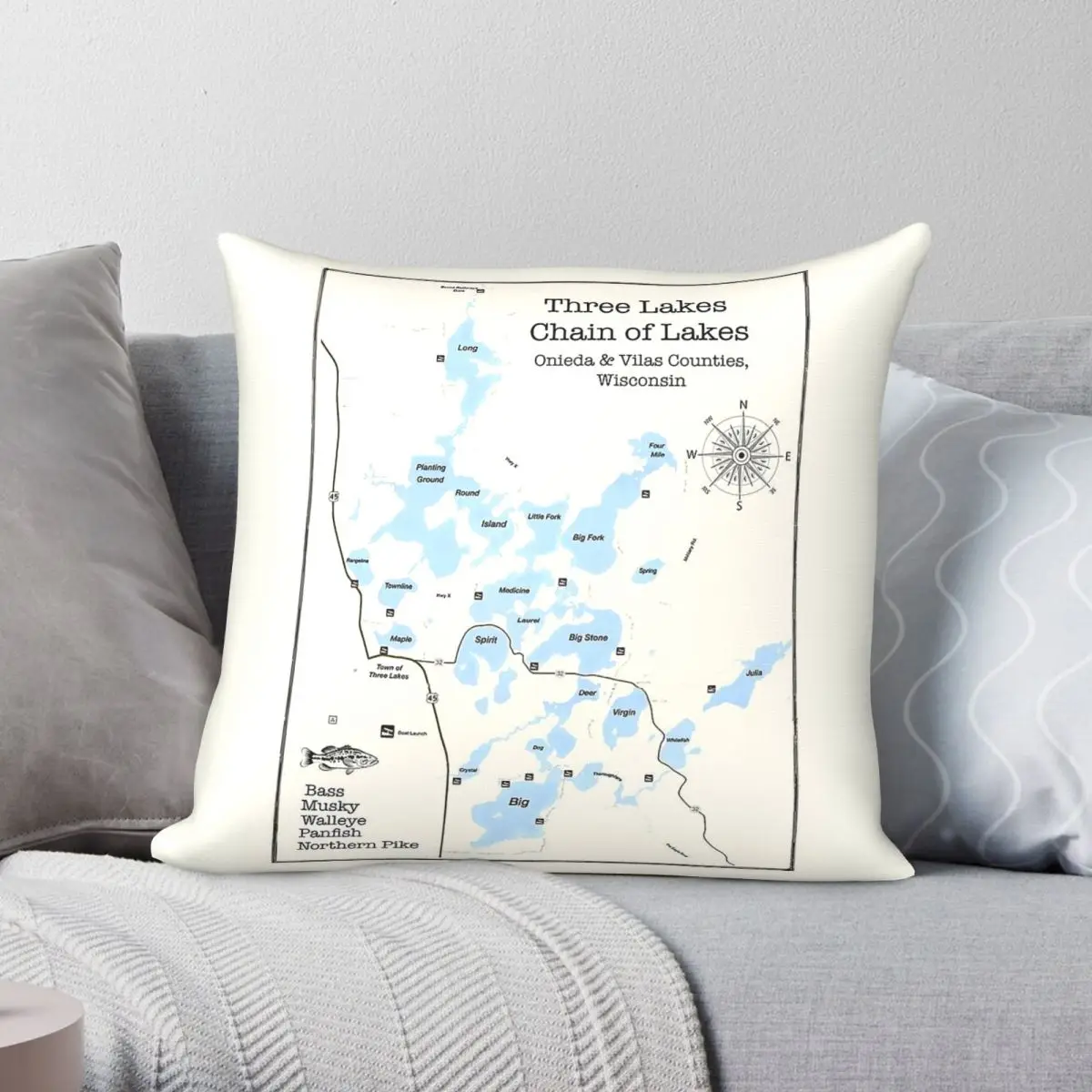 Three Lake Chain Onieda And Vilas Square Pillowcase Polyester Linen Velvet Printed Zip Decor Pillow Case Car Cushion Cover