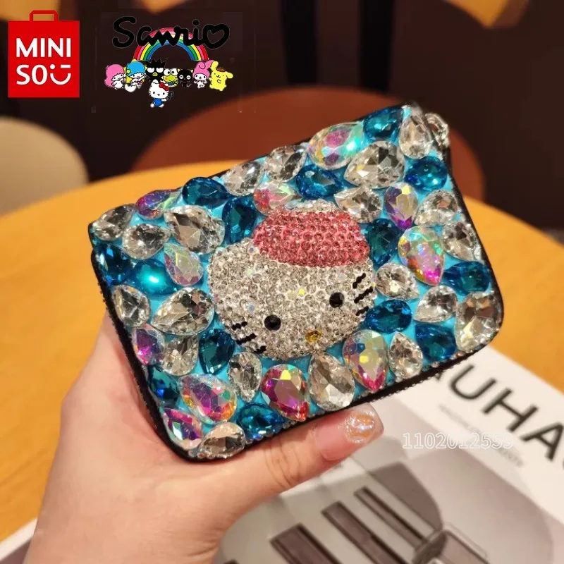 MINISO Hello Kitty tarjetero de diamantes para mujer, tarjetero de marca de lujo a la moda, múltiples ranuras para tarjetas, Mini billetera linda de