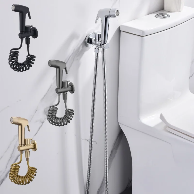 Sprayer Bidet Set Solid Brass Body Shine Chrome Black Gold Metal Grey Brass Shattaff Bathroom Toilet Fixture Cold Tap