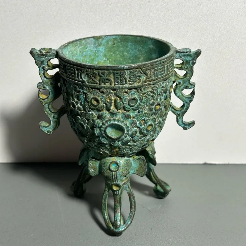 Antique Bronze Ritual Cup Double Dragon Handle Three Elephant Legs Wine Goblet Vintage Sacrificial Vessel Collectible Decor