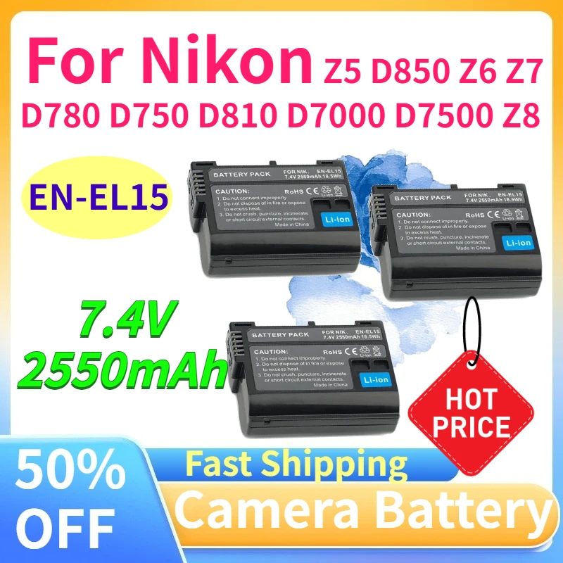 7.4V 2550mAh 18.5Wh EN-EL15 High-Quality Digital Battery for Nikon Z5 D850 Z6 Z7 D780 D750 D810 D7000 D7500 Z8 Camera
