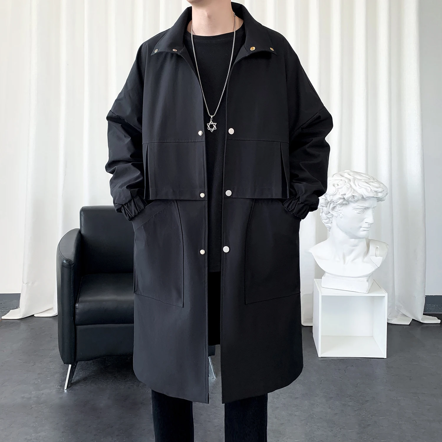 

Autumn Collar Long Windbreaker Loose Oversized Trench Coats Casual Tops Versatile Single Breasted Men's Clothing Solid Outerwear