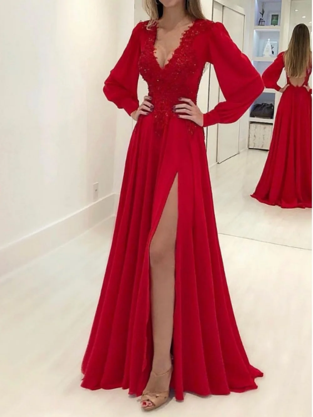 Vestido de baile comprido do chão com apliques de renda, decote em v, mangas compridas, fenda lateral sexy, vestido de noite formal, festa de casamento, vermelho, novo, 2022