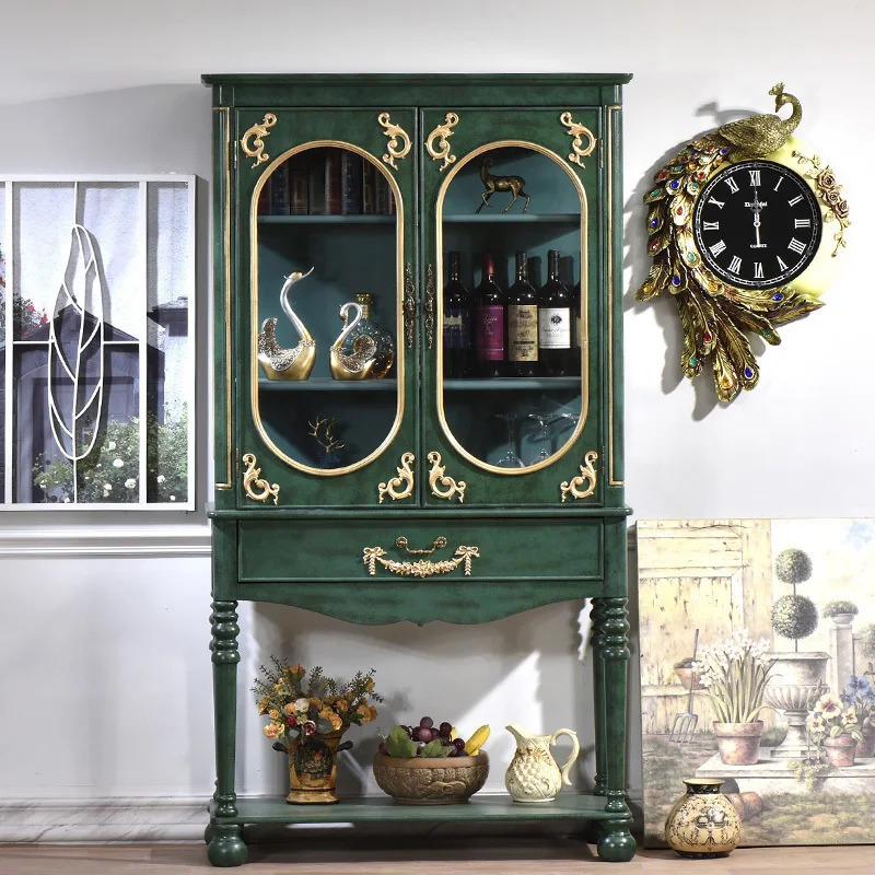 

American solid wood dining side cabinet wine cabinet green, living room high cabinet kitchen locker, retro furniture two-door lo