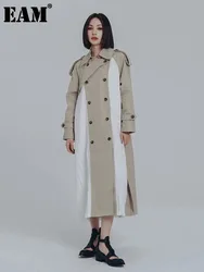 [EAM] Women Khaki Pleated Big Size Long Trench New Lapel Long Sleeve Loose Fit Windbreaker Fashion Spring Autumn 2024 1DF0722