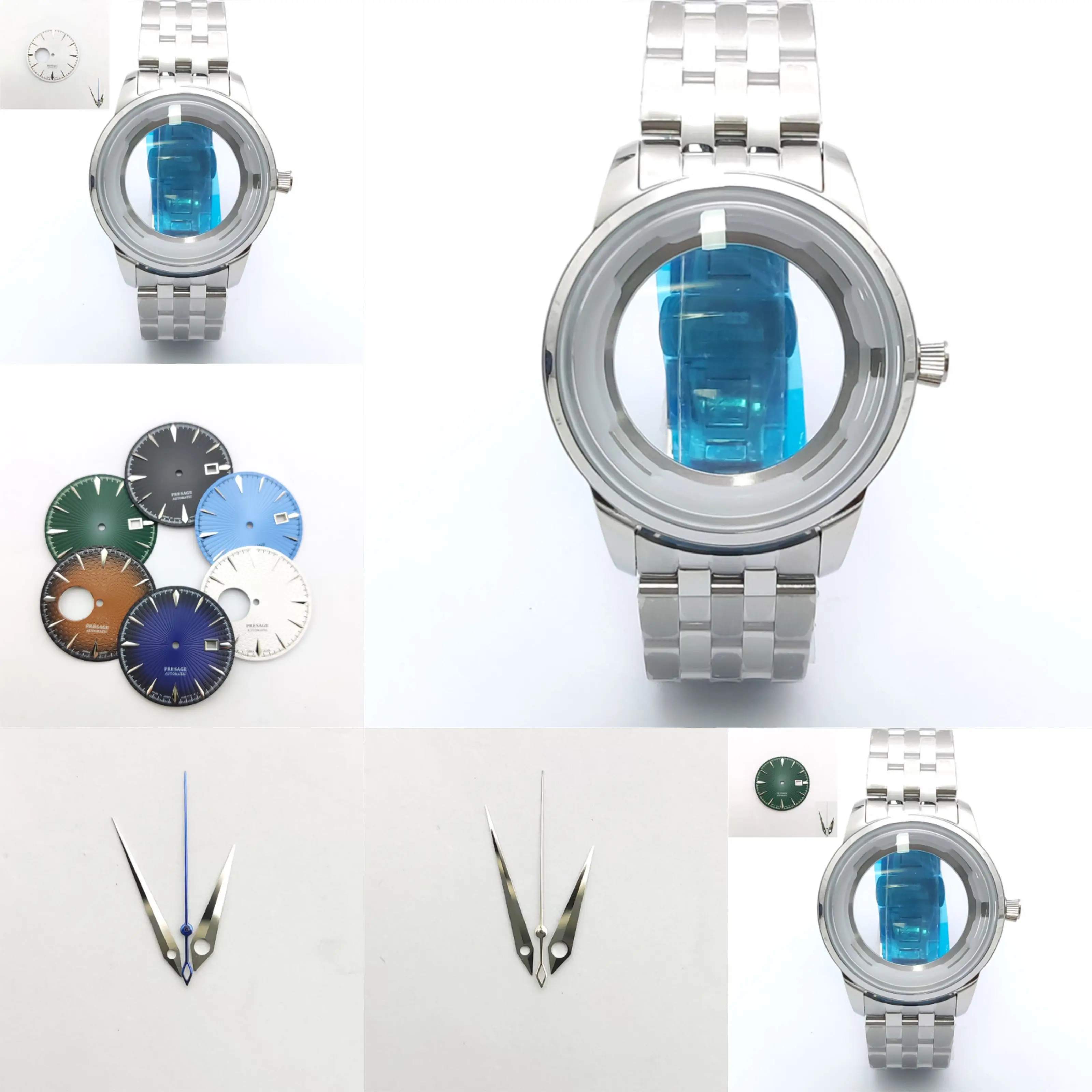 40 มม.ค็อกเทลเงินสแตนเลสสตีลนาฬิกากระจกโค้งพอดี NH35 NH36 การเคลื่อนไหวโปร่งใสฝาหลัง