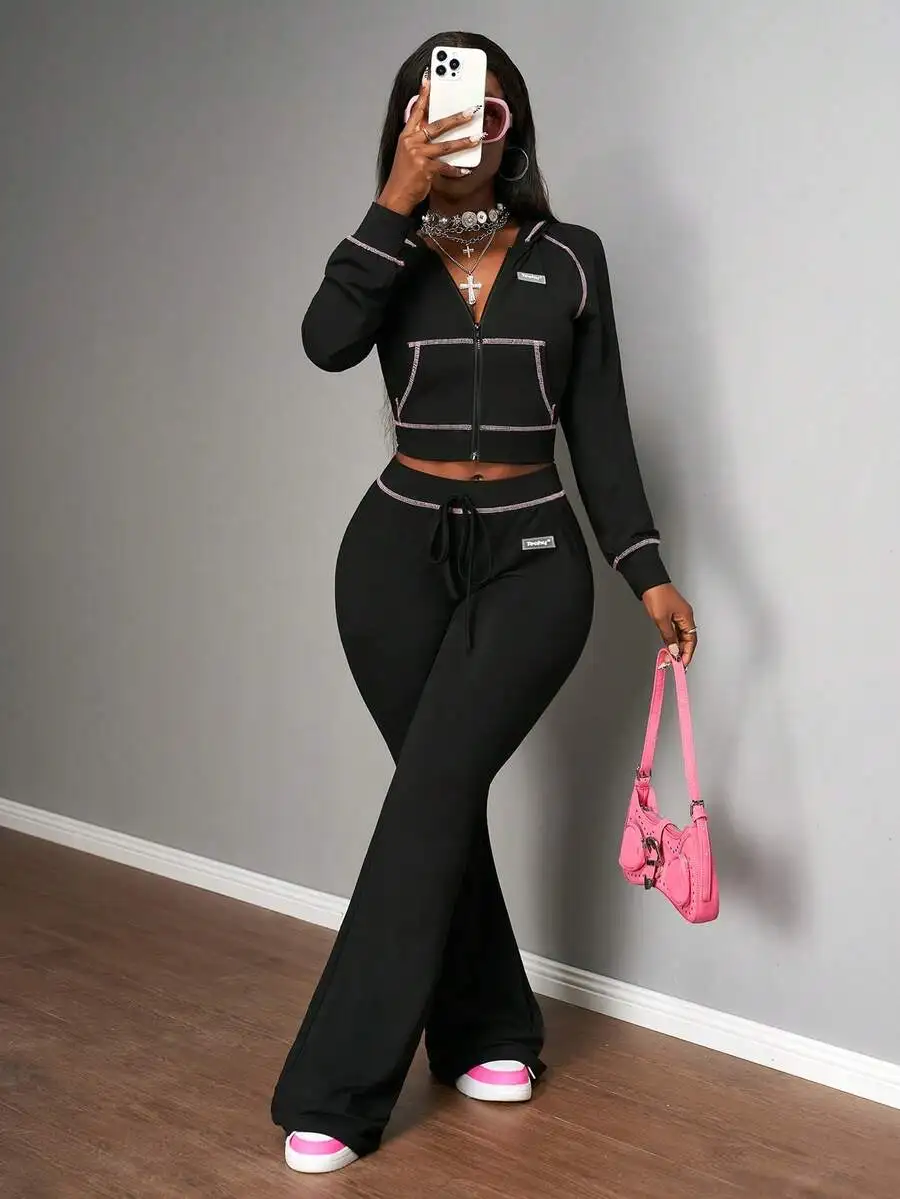 

Black Cropped Zip-Up Hooded Top & High-Waist Flared Pants 2-Piece Set for Casual, Festival, Party