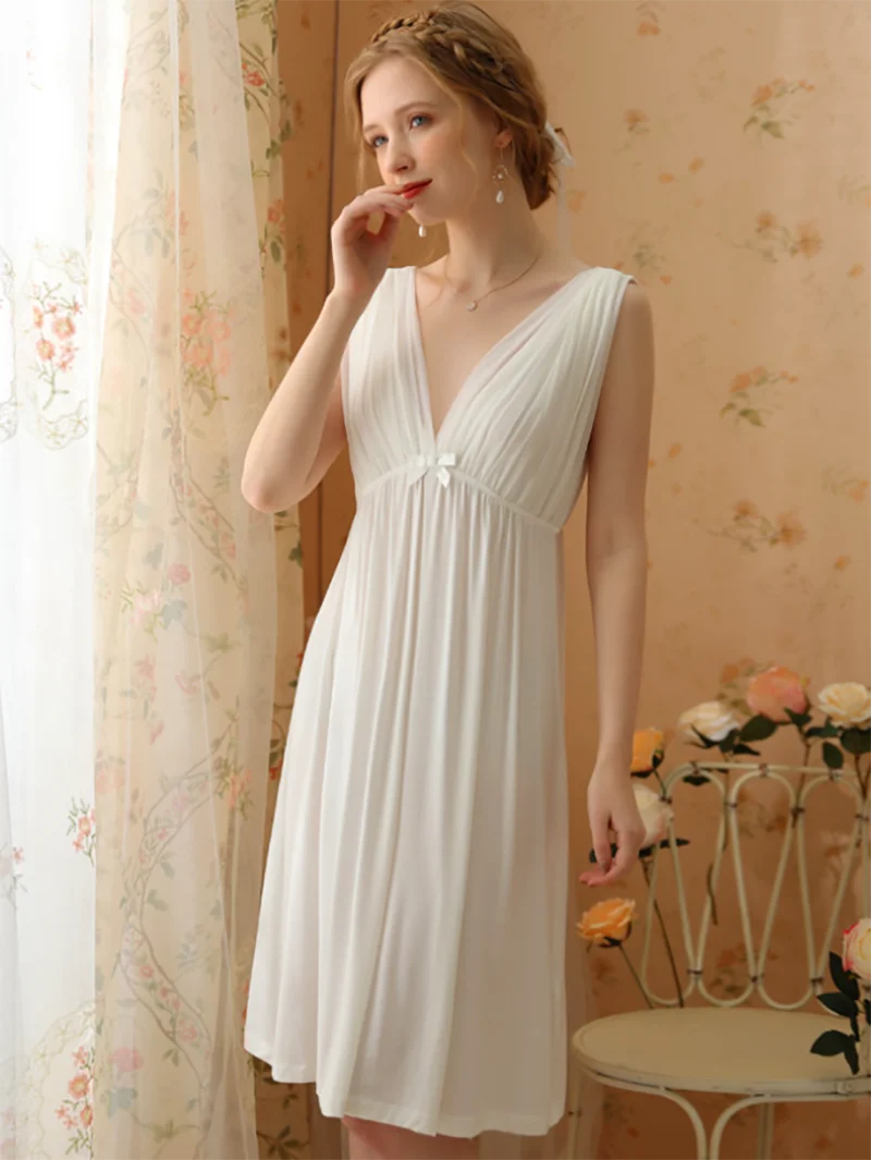 

Women Summer Sexy Pajama Nightdress Vintage Princess V-Neck Cotton Modal Sleeveless Backless Victorian Fairy Sleepwear Homewear