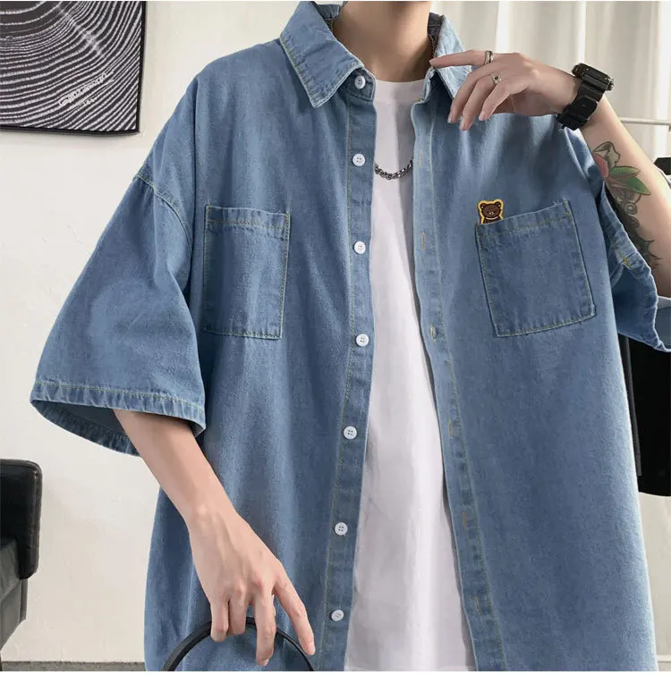 

Men's Summer Denim Short Sleeve Shirt Retro Embroidery Korean Popular Clothes Casual Cool Streetwear Tops for Youth