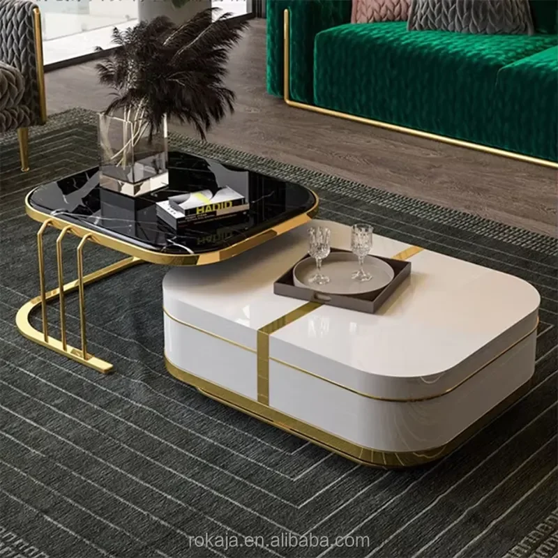 Nordic Minimalist Living Room Extendable Negotiation Square Marble Coffee Table With Side Table Folding Black Center Tables