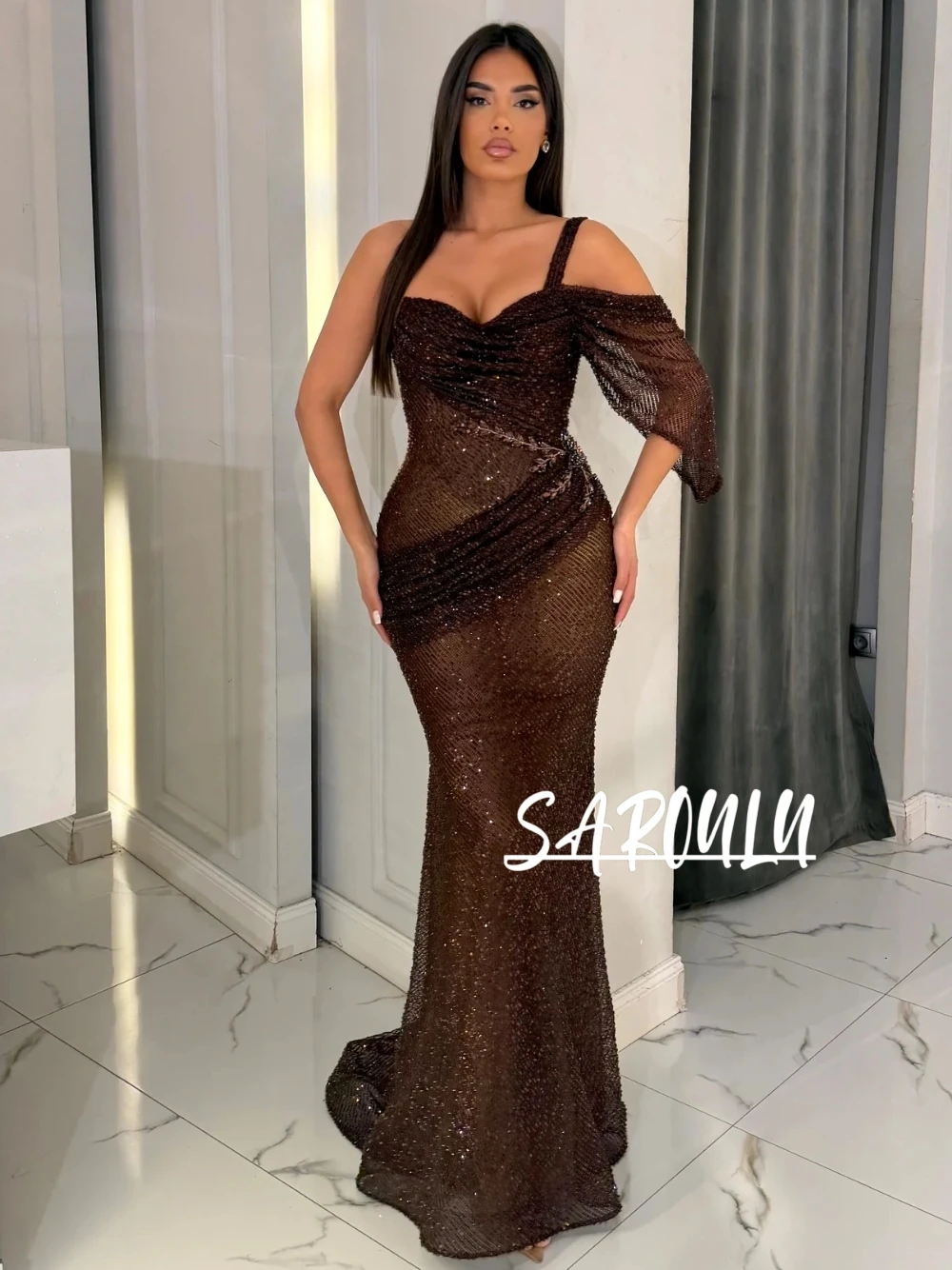 

One Shoulder Mermaid Formal Dress Sheer Sequin Embellished Ruched Sweetheart Neck Floor-Length Evening Gown For Wedding Guest