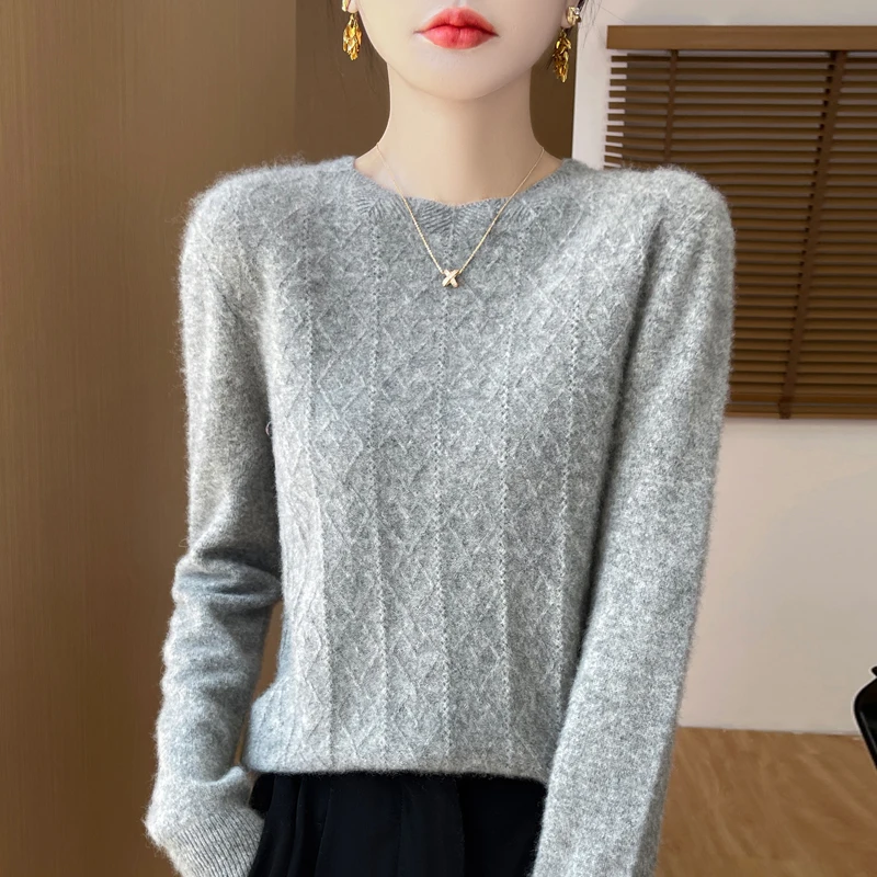 Autumn and winter new line of ready-to-wear 100% Merino sweater crewneck sweater diamond jacquard cashmere sweater seamless knit